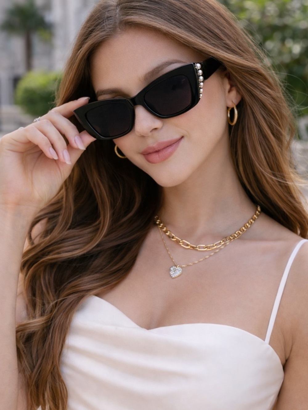 Black Pearl-Accent Cat Eye Sunglasses - NIB